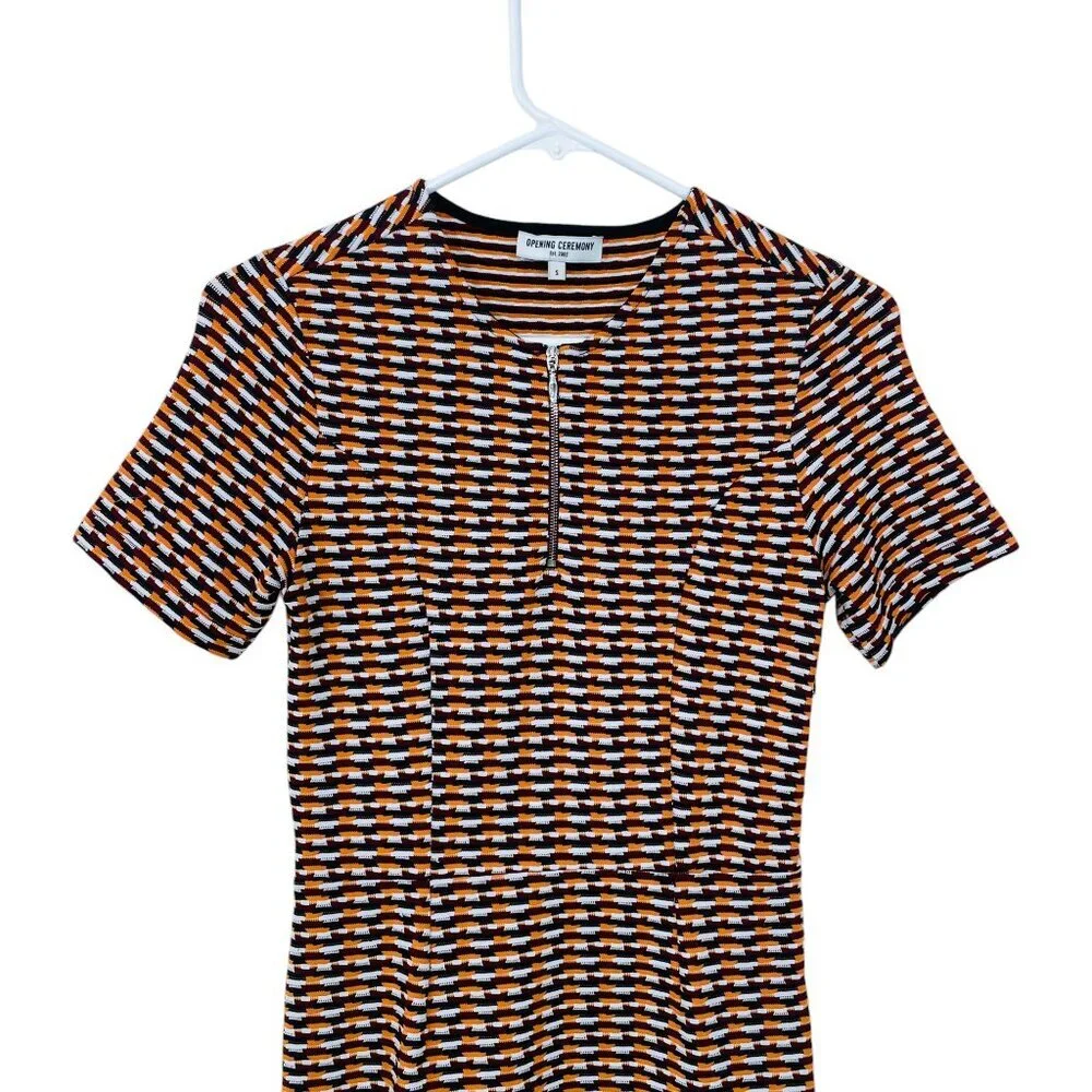 Opening Ceremony‎ Lotus Check Stretch Flounce-Hem Dress Size Small Orange Multi